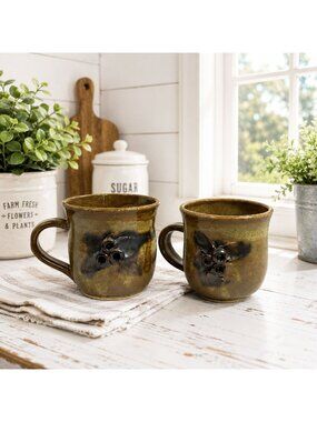 Vintage Handmade Ceramic Stoneware Mugs Brown Glaze With Floral Embossed Detaili